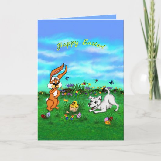 Pasen - Puppy Capo Rabbit en Chick Feestdagen Kaart (Voorkant)