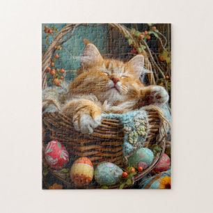 Pasen Seizoen Knuffelkat Slaapt in Rieten Mand Legpuzzel