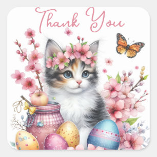 Pasen Waterverf Kitten Eggs and Flowers - Vierkante Sticker