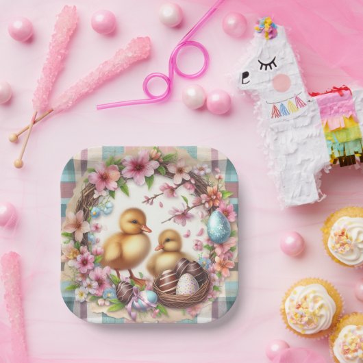 Pasen Waterverf Plaid Twee Ducklings Papieren Bordje (Feest)