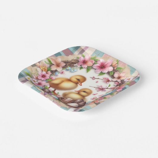 Pasen Waterverf Plaid Twee Ducklings Papieren Bordje (Gebogen)