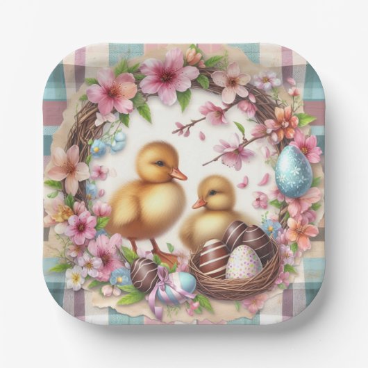 Pasen Waterverf Plaid Twee Ducklings Papieren Bordje (Voorkant)
