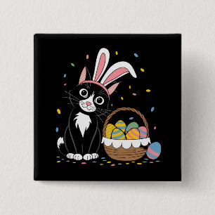 Pasen Zwarte Kat Tuxedo Konijn Bunny Ears Eieren Vierkante Button 5,1 Cm