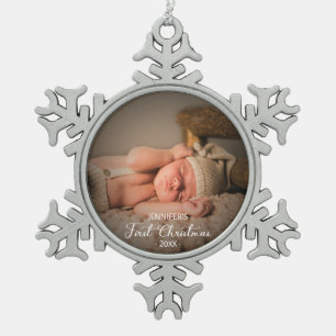Pasgeboren Baby Eerste Kerstmis Aangepaste Foto Tin Sneeuwvlok Ornament