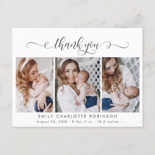 Pasgeboren Baby Foto Collage Moderne Script Bedank Briefkaart