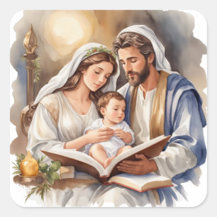 Pasgeboren Baby Jesus met Maria en Jozef Vierkante Sticker
