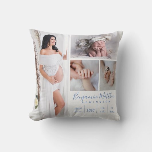 Pasgeboren baby jongen blauw foto aandenken kussen (Voorkant)