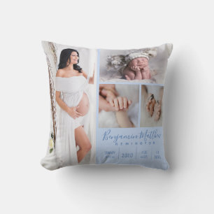 Pasgeboren baby jongen blauw foto aandenken kussen