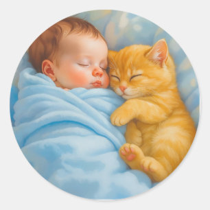 Pasgeboren baby jongen dutten met kitten ronde sticker