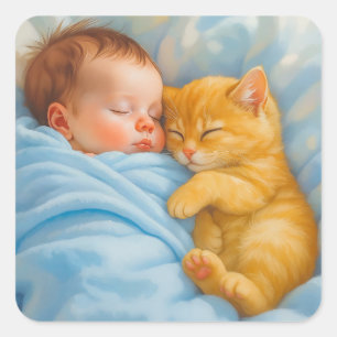 Pasgeboren baby jongen dutten met kitten vierkante sticker