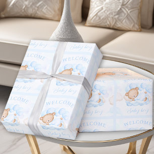 Pasgeboren baby naam Blauw Beer Cadeaupapier