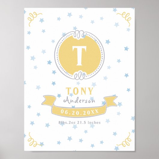 Pasgeboren jongen gepersonaliseerd baby keepsakes poster (Voorkant)