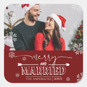 Pasgetrouwd Kerstmis Rood Merry & Married Foto Vierkante Sticker (Voorkant)