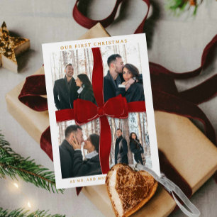Pasgetrouwd Onze Eerste Kerst Rood Lint Foto Vakan Kaart