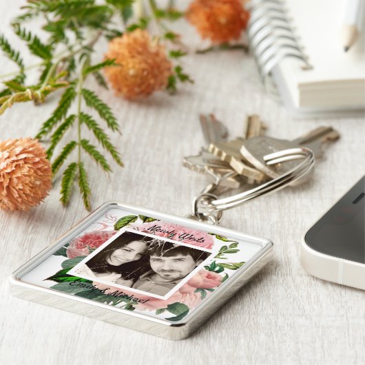 Pasgetrouwden Blos Roze Rozen Botanische Bloemige Sleutelhanger (Zijkant)