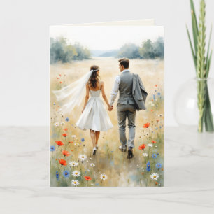 Pasgetrouwden Wandelen in een Weiland Felicitaties Kaart