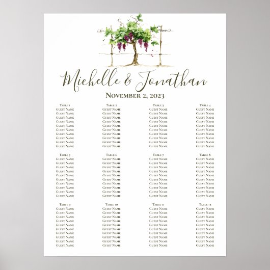 Paso Robles Vineyard Winery Wedding Seating Chart Poster (Voorkant)