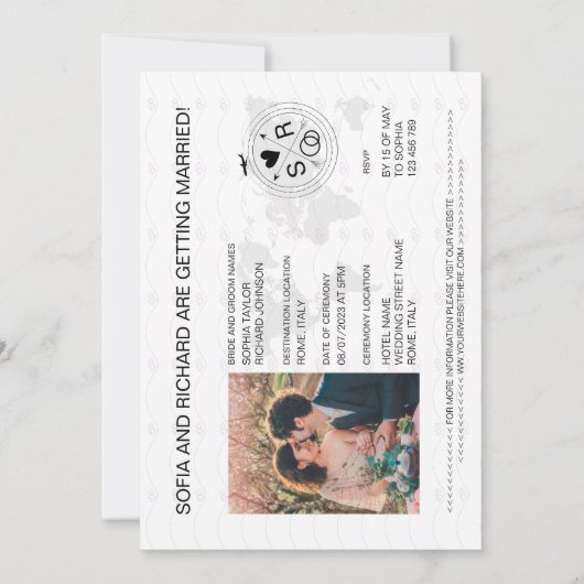 Paspoort Bestemming Bruiloft Goud Kompas Monogram Kaart (Achterkant)