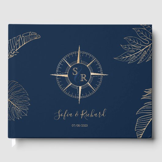 Paspoort Bestemming Bruiloft Palm Kompas Monogram Gastenboek (Voorkant)