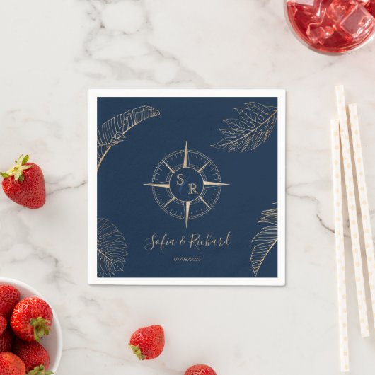 Paspoort Bestemming Bruiloft Palm Kompas Monogram Servet (Insitu)