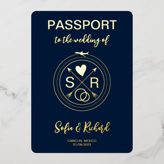 Paspoort Bruiloft Bestemming Gouden Folie QR Code Folie Uitnodiging (Voorkant)
