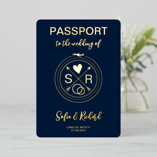 Paspoort Bruiloft Bestemming Gouden Folie QR Code Folie Uitnodiging (Staand Voorkant)