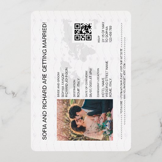 Paspoort Bruiloft Bestemming Gouden Folie QR Code Folie Uitnodiging (Achterkant)