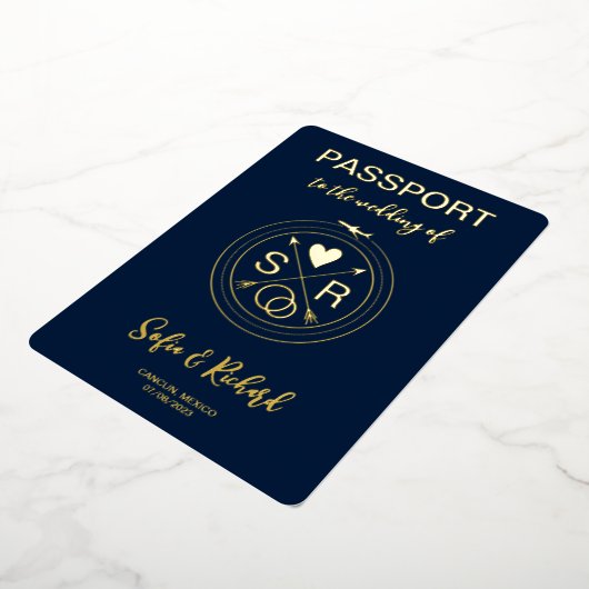 Paspoort Bruiloft Bestemming Gouden Folie QR Code Folie Uitnodiging (Gedraaid)