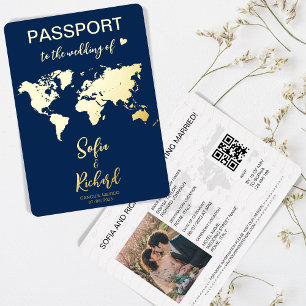 Paspoort Huwelijksbestemming Wereldkaart QR-code Folie Uitnodiging