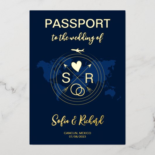 Paspoortbruiloft Bestemming Gold Foil-vliegtuighar Folie Uitnodiging (Voorkant)