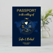 Paspoortbruiloft Bestemming Gold Foil-vliegtuighar Folie Uitnodiging (Staand Voorkant)