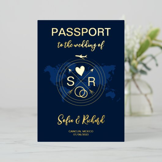 Paspoortbruiloft Bestemming Gold Foil-vliegtuighar Folie Uitnodiging (Staand Voorkant)