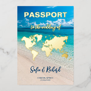 Paspoortbruiloft Bestemming Gold Foil-vliegtuighar Folie Uitnodiging