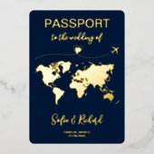 Paspoortbruiloft Bestemming Gold Foil-vliegtuighar Folie Uitnodiging (Voorkant)