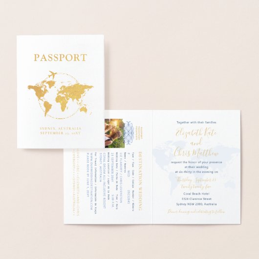 Paspoortbruiloft Uitnodiging Real Gold Foil Map (Display)