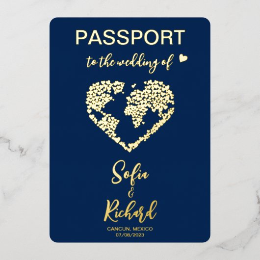 Paspoortbruiloft Wereldkaart QR-code bestemming Folie Uitnodiging (Voorkant)