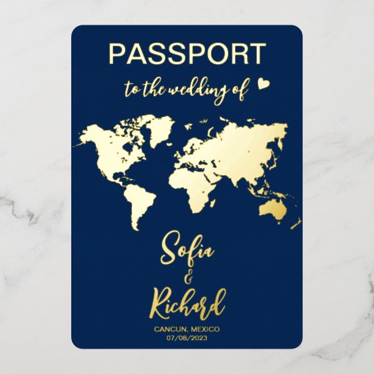 Paspoortbruiloft Wereldkaart QR-code bestemming Folie Uitnodiging (Voorkant)