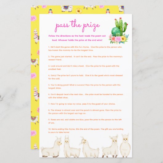 Pass the Prize Baby shower Game - Kleurrijke Llama (Voorkant / Achterkant)