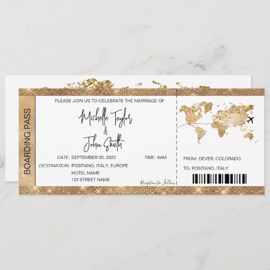 Pass-ticket bestemming bruiloft Gold-plan Kaart (Voorkant / Achterkant)