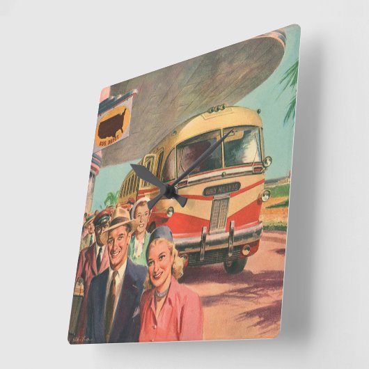 passagiers op vakantie bij de busdepot vierkante klok (Hoek)