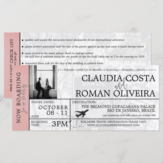 Passe Mariage Pink Brazil Boarding Invitation (Devant / Derrière)