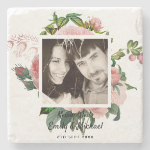 Passen getrouwd Blush roze rozen botanische Floren Stenen Onderzetter