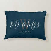 Passen getrouwd de heer Navy Blue Script Monogram  Accent Kussen (Achterkant)