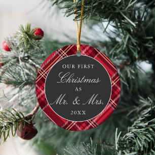 Passen getrouwd Eerste Kerstmis Tartan Holiday-f Keramisch Ornament