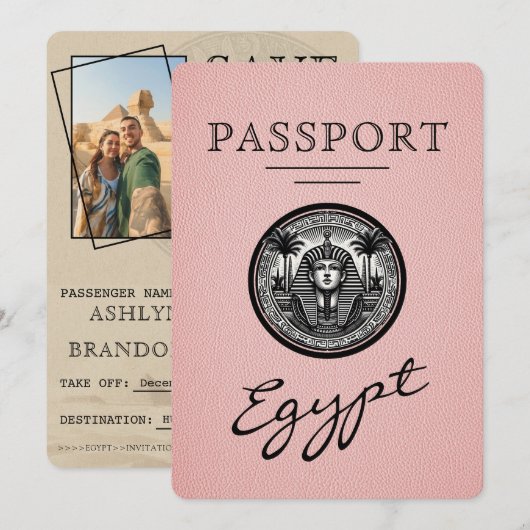 Passeport Égypte Rose Mariage Save the Date (Devant / Derrière)