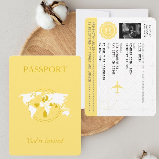Passeport Jaune Garçon Baby Shower Carte du Monde 
