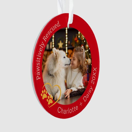Passief geredde hond foto rood ornament (voorkant)