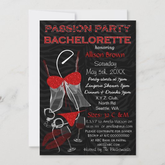 Passion Party Bachelorette, Lingerie Shower Invite Kaart (Voorkant)