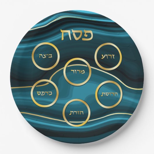 Passover Seder Bord Faux Agate Blauwgroen & Gold (Voorkant)