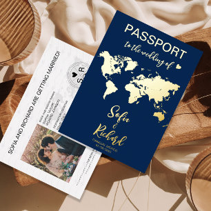 Passport Wedding Destination Gold Foil Wereldkaart Folie Uitnodiging